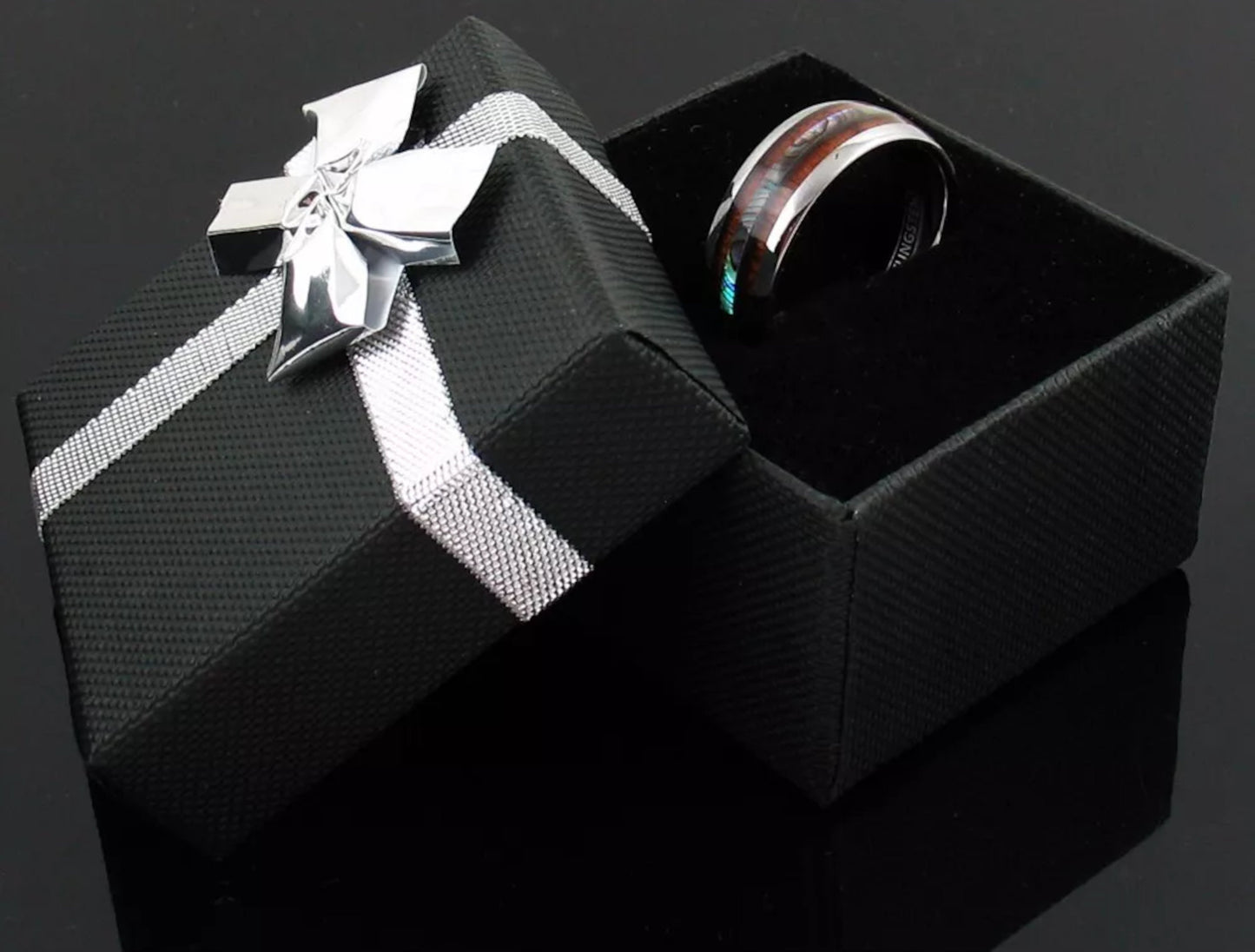 silver tungsten ring with koa wood and abalone shell, promise ring for him and her