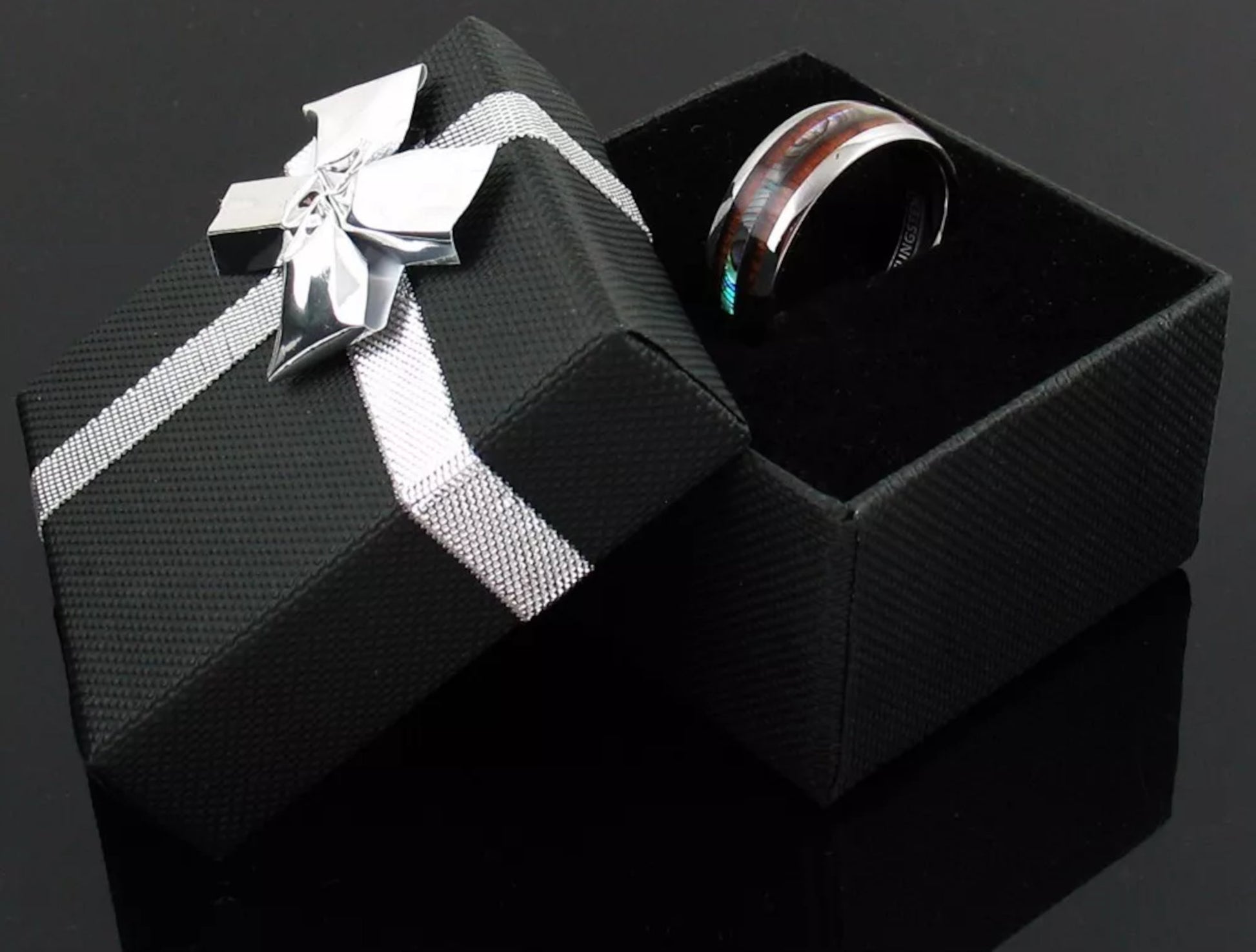 silver tungsten ring with koa wood and abalone shell, promise ring for him and her
