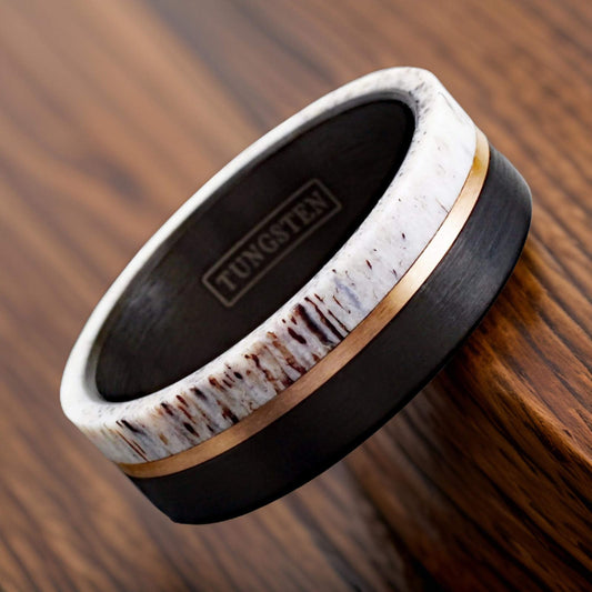 brushed black ring with deer antler & rose gold stripe