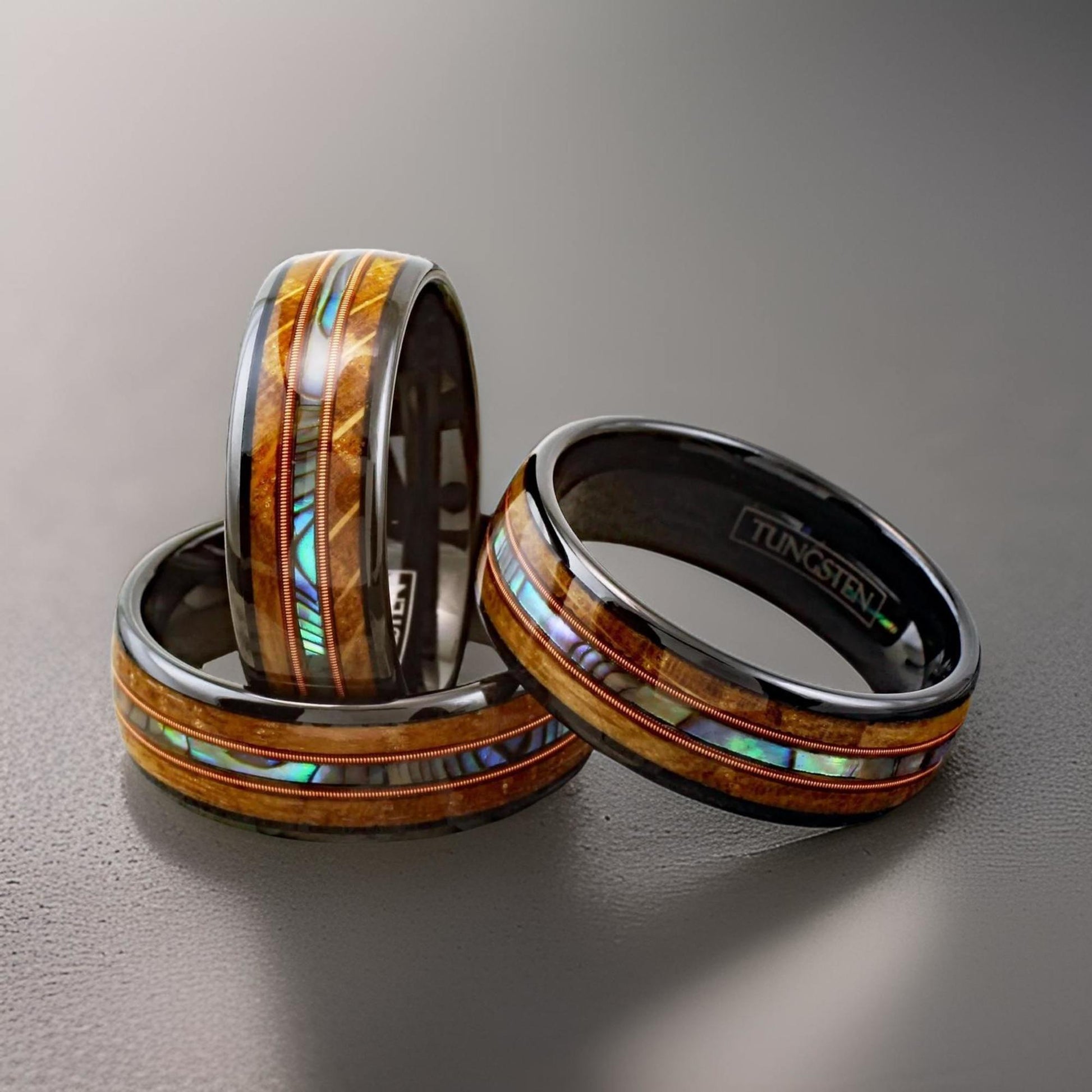 whiskey barrel wood ring with abalone shell and guitar string inlay for men