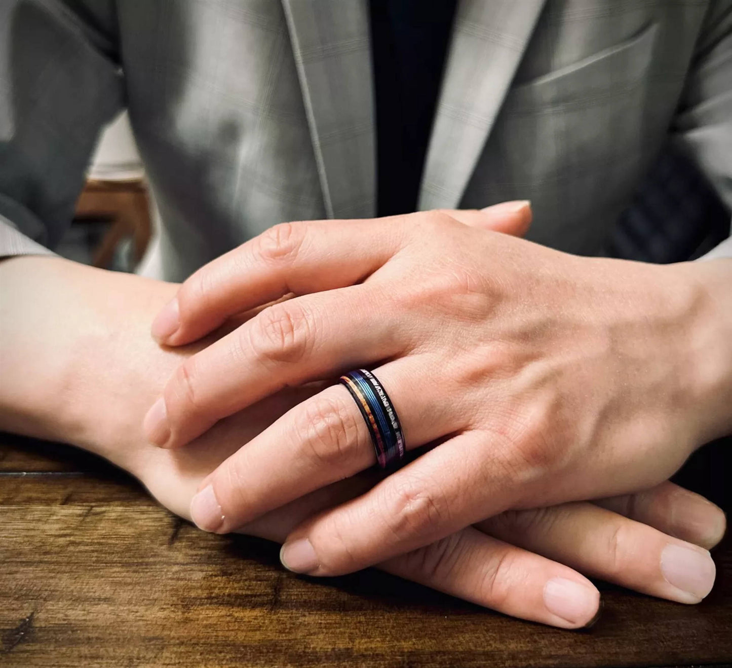 the gentlemen ring. black tungsten ring with blue fishing wire, whisky barrel wood, and deer antler
