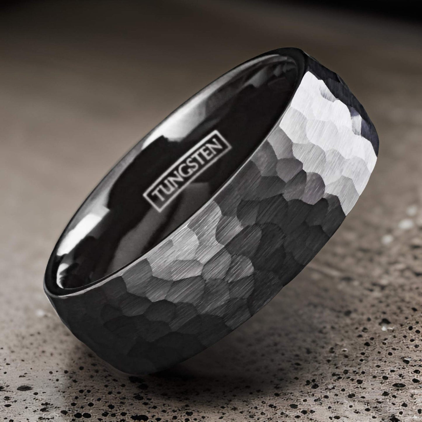 black tungsten ring with hammered finish