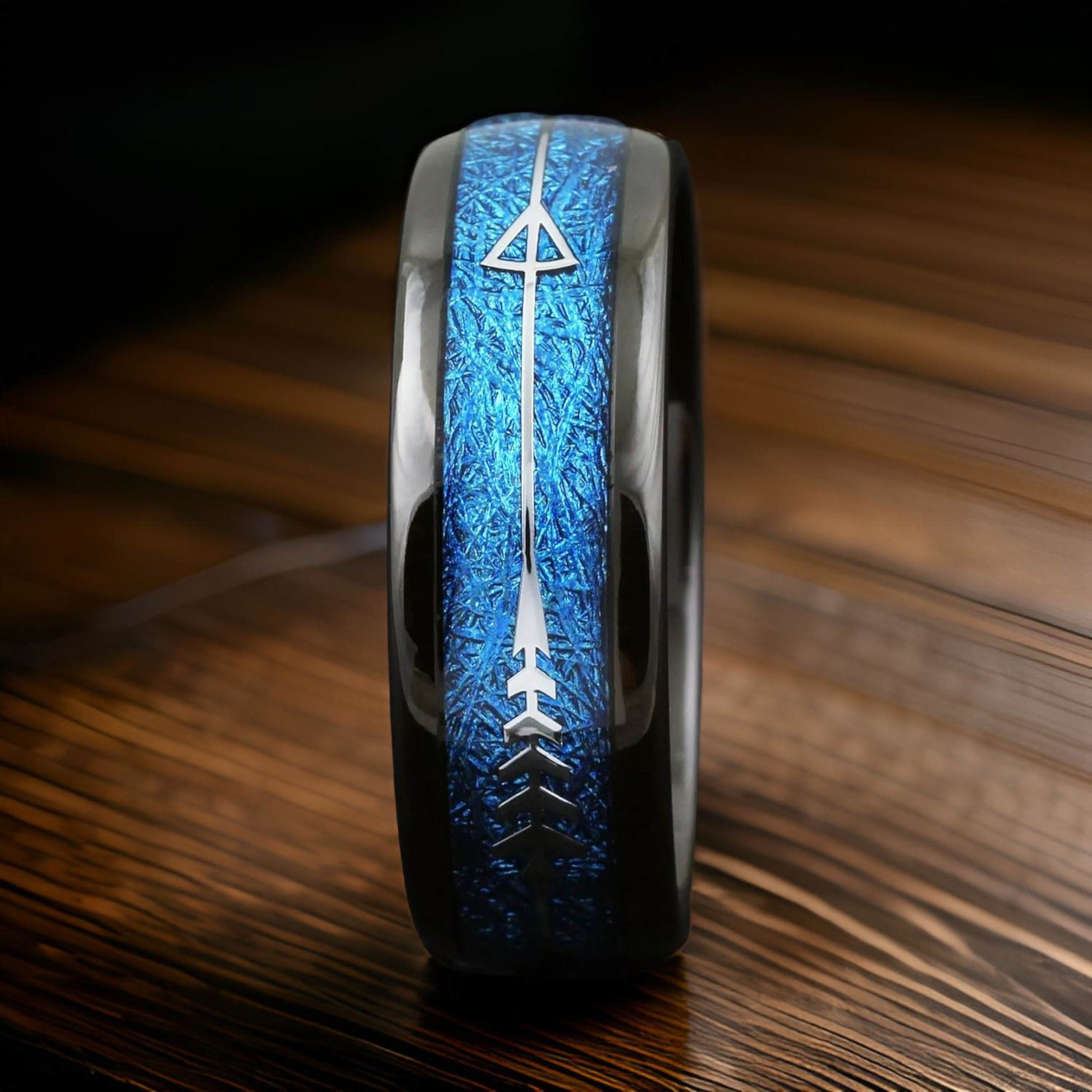 black tungsten ring with blue meteorite and silver arrow inlay