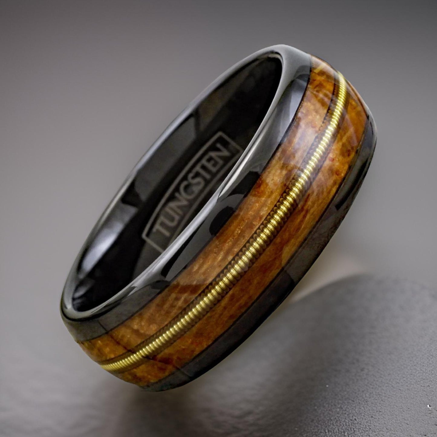 whiskey barrel wood ring with guitar string inlay