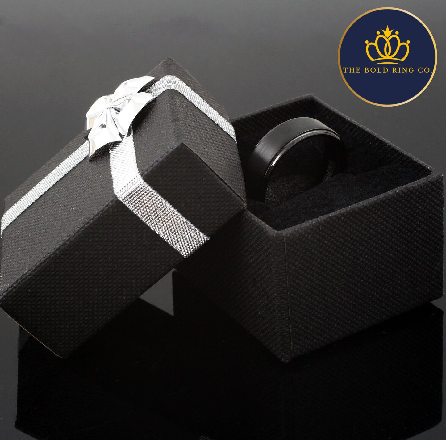 The Modern Gentlemen, Black Engagement Ring, with Striped Edge, Bold Wedding Band
