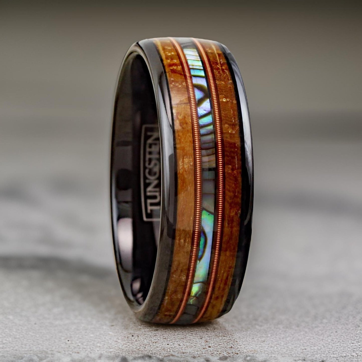 tungsten ring with whiskey wood and abalone shell inlay