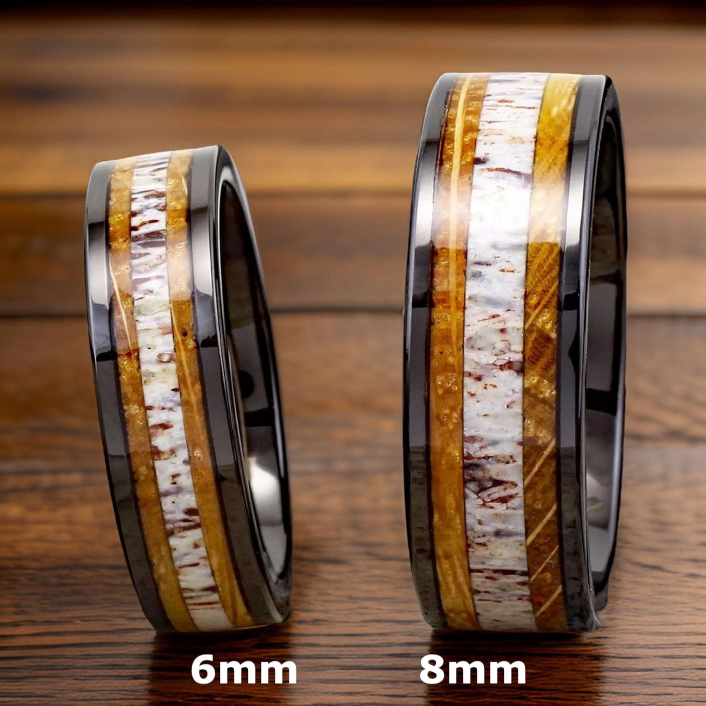 whiskey barrel wood and deer antler inlaid black tungsten ring