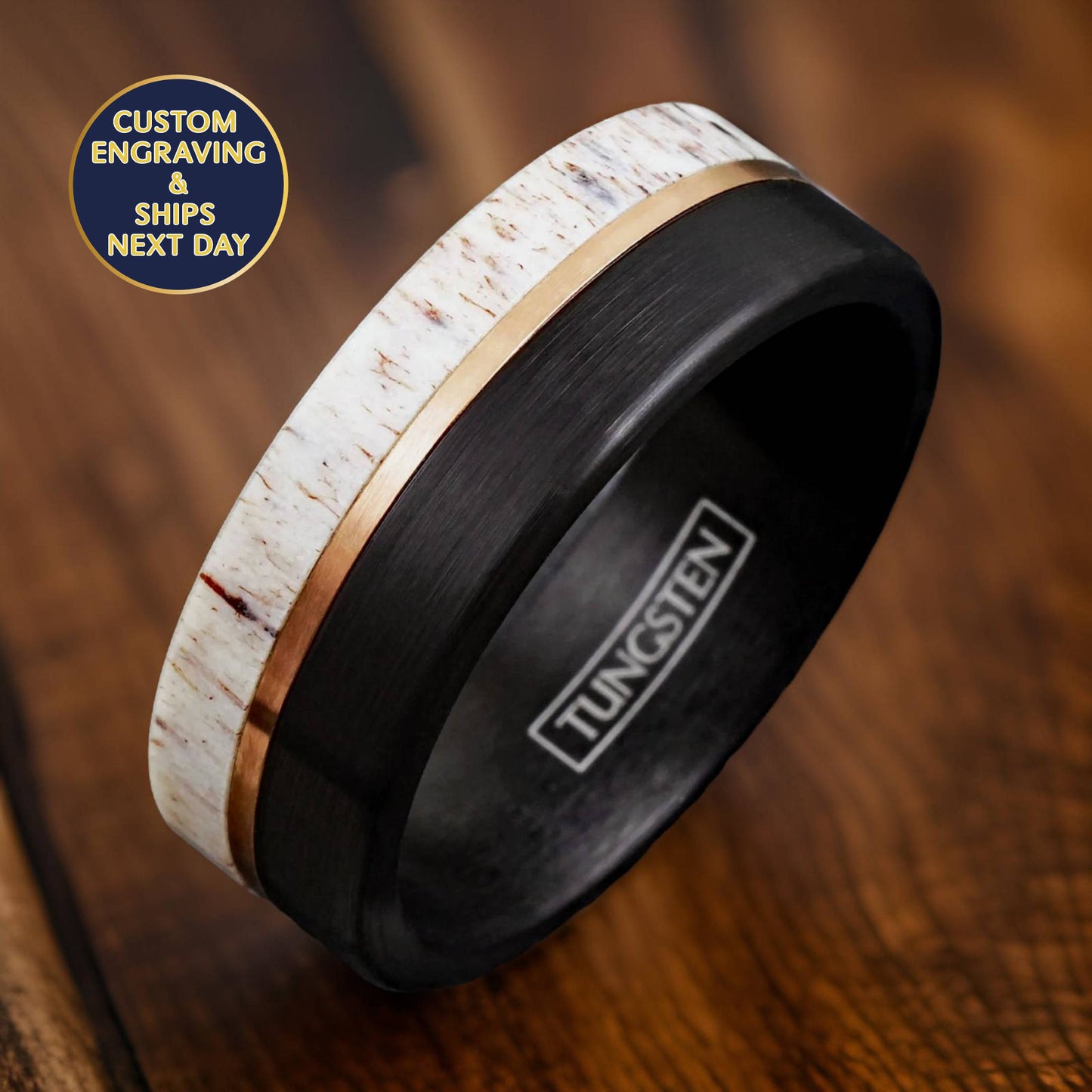 tungsten metal ring with deer antler