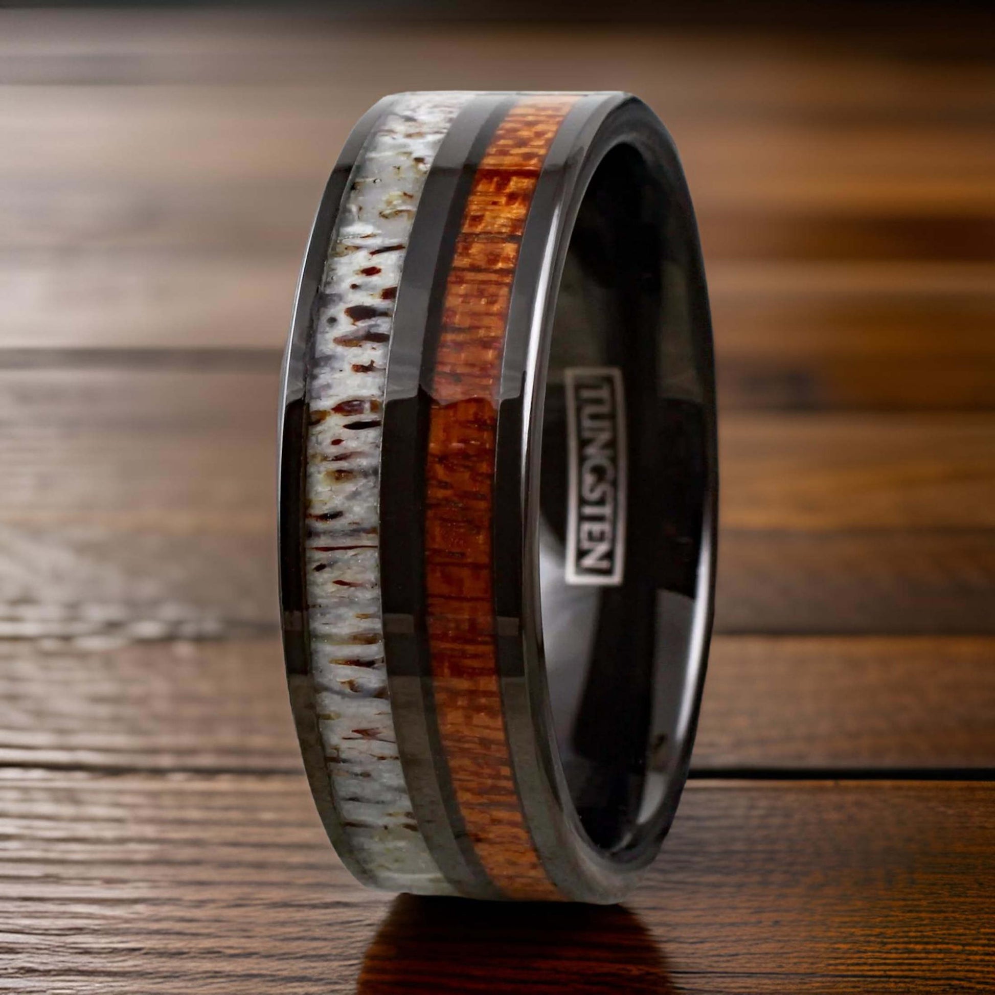 black tungsten ring with moose antler and bourbon wood inlay