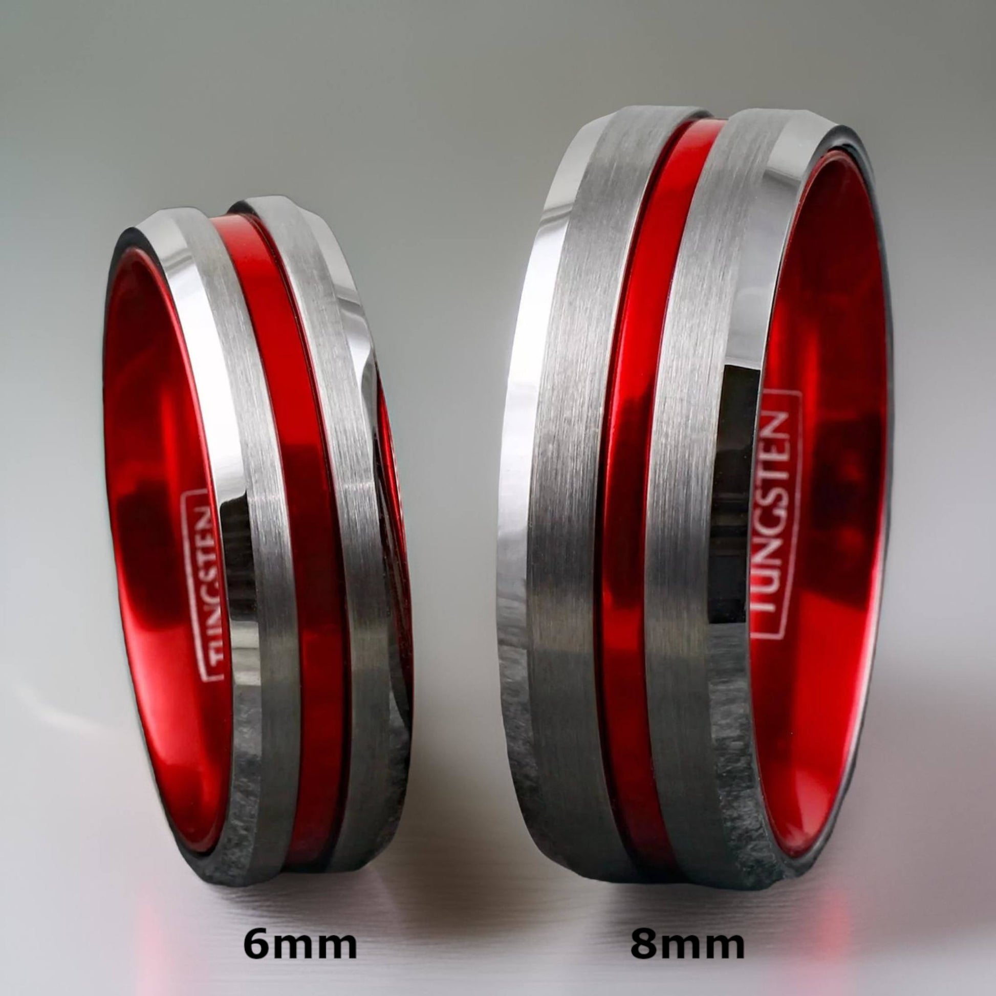 silver and red tungsten ring in 6mm and 8mm width