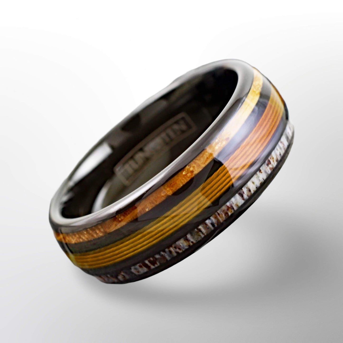 Moose Antler, Gold Fishing Line, & Whisky Wood Ring, Gift for Outdoorsman
