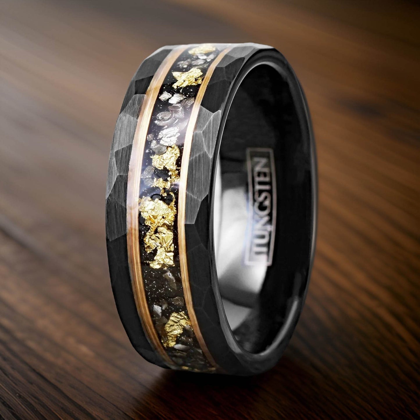 black wedding band with meteorite