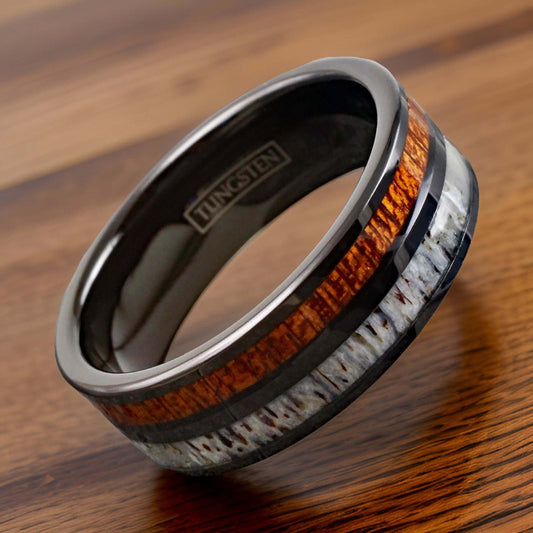 Moose Antler Ring with Bourbon Wood - Matching Rings for Couples