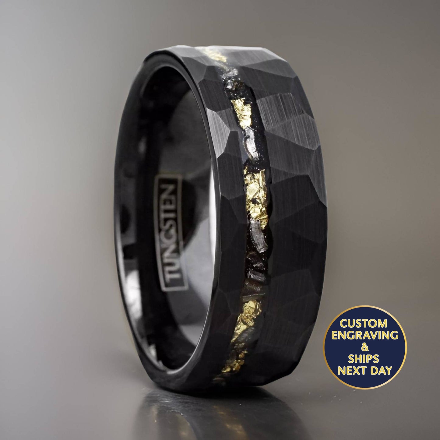 meteorite ring for astronomy enthusiasts made with tungsten, real
meteorite, and gold.