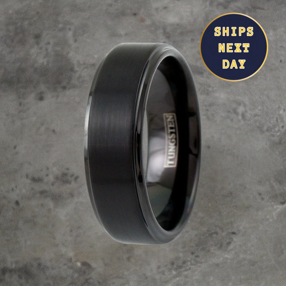 The Modern Gentlemen, Black Engagement Ring, with Striped Edge, Bold Wedding Band