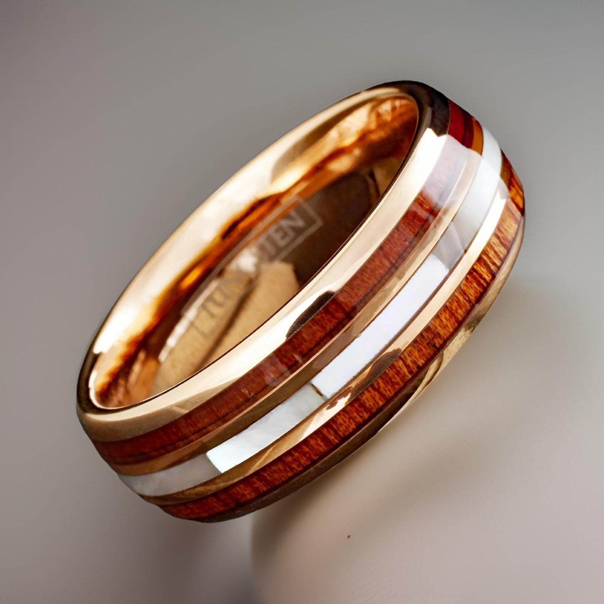 rose gold ring with koa wood and mother of pearl inlay