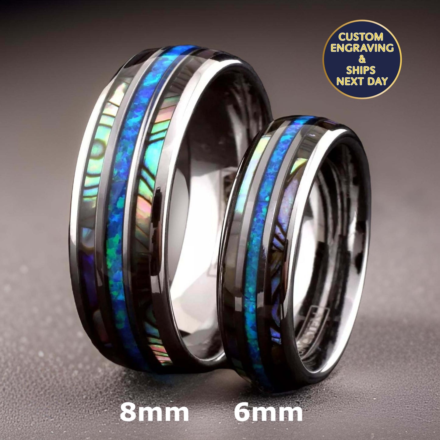 8mm and 6mm silver tungsten ring with abalone and opal