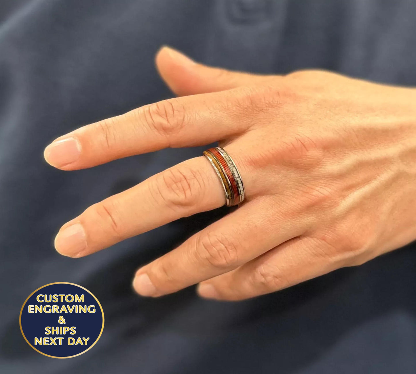 tungsten ring with fishing line, antler, and oak wood inlay for men