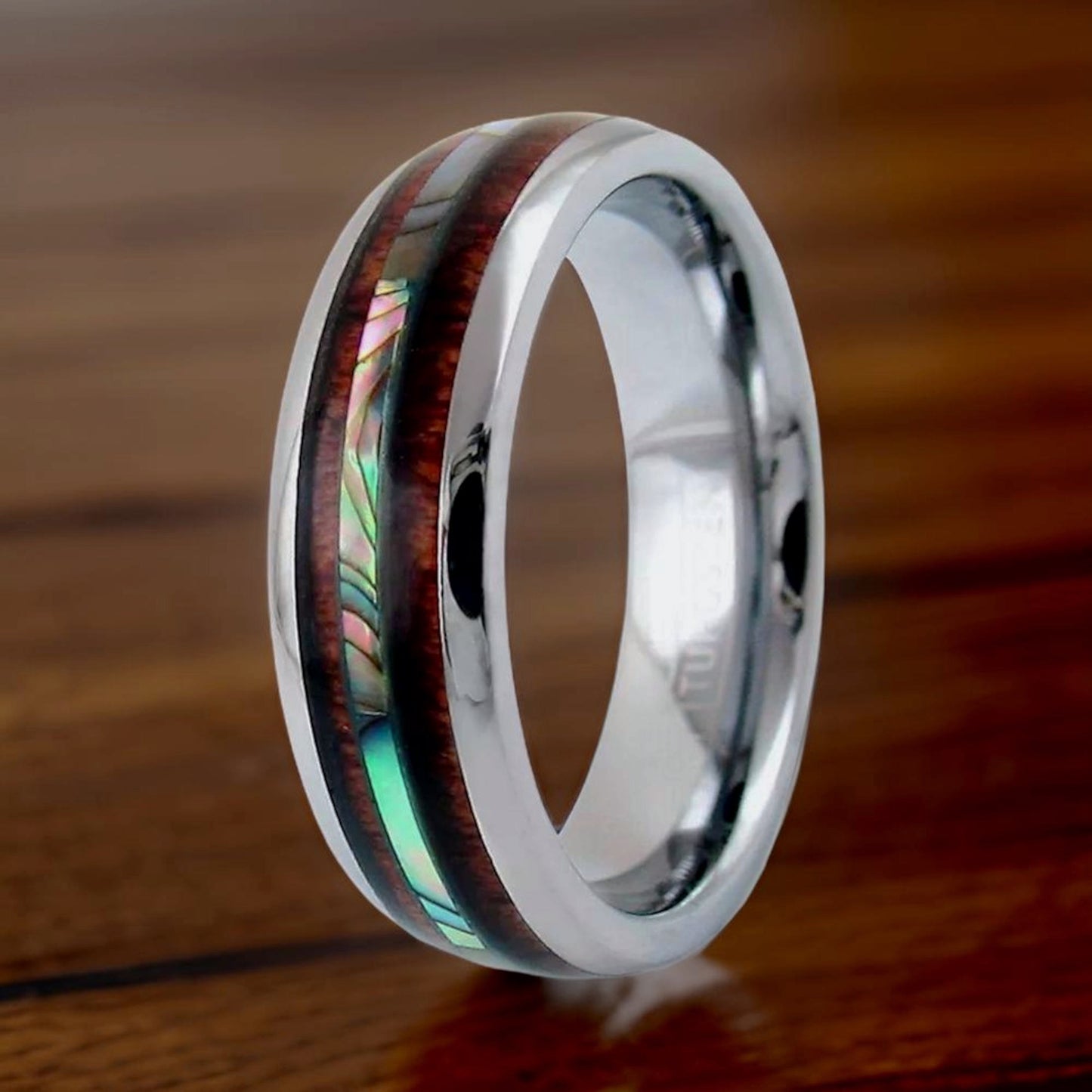 tropical style unisex ring with koa wood and abalone
