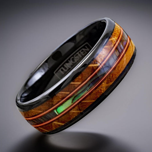 whiskey wood ring with abalone shell and copper guitar string