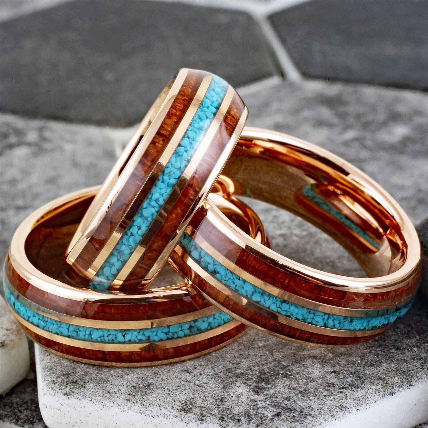 Turquoise, Koa Wood, & Rose Gold Ring