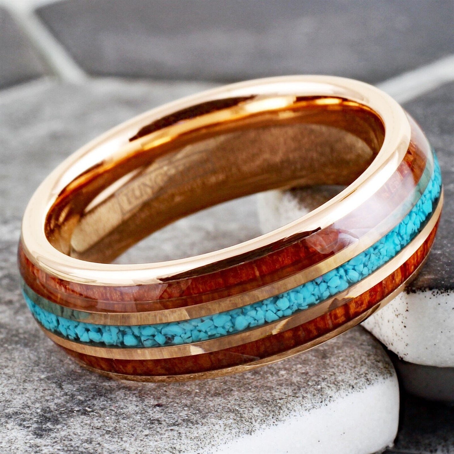 Turquoise, Koa Wood, & Rose Gold Ring