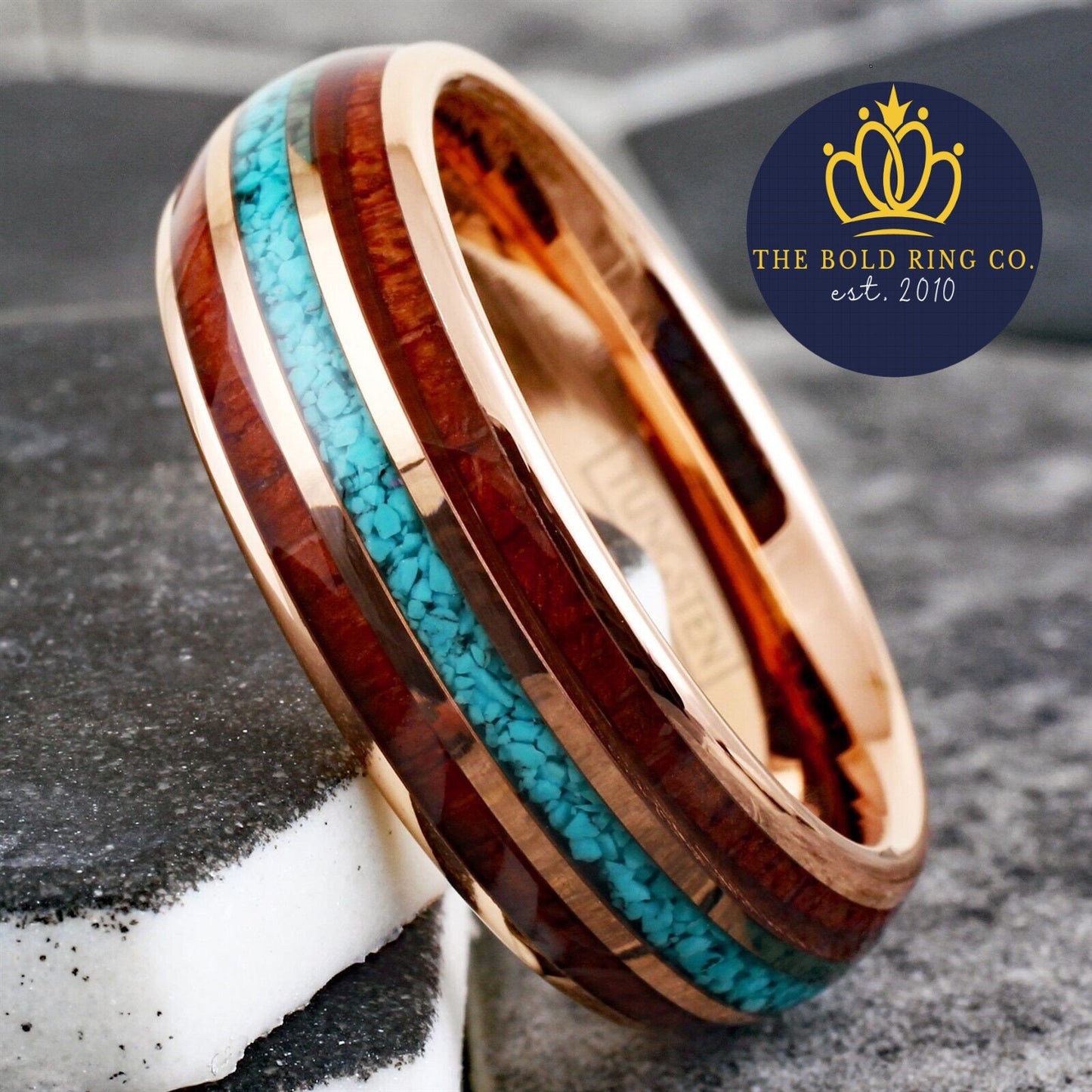 Turquoise, Koa Wood, & Rose Gold Ring
