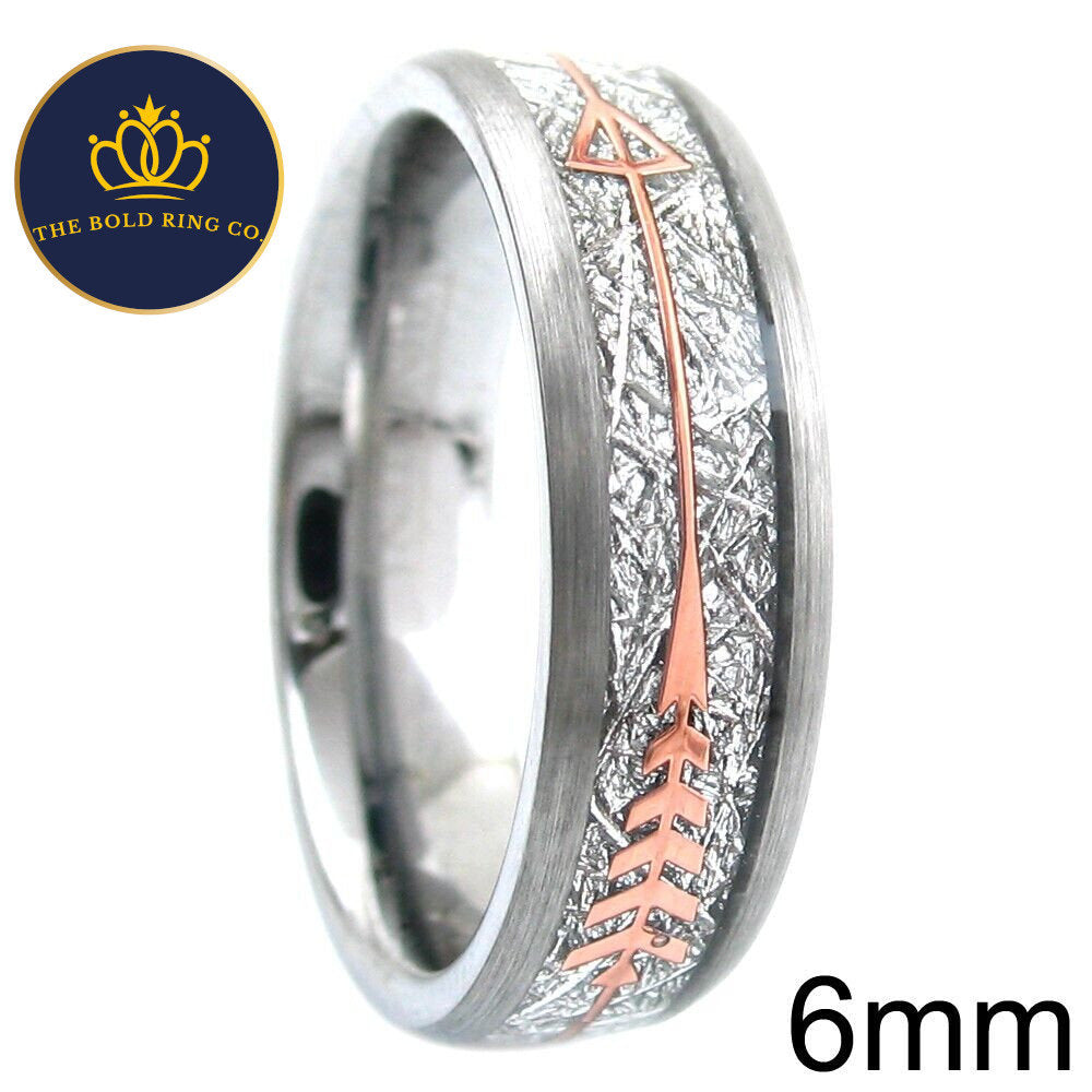 Silver Meteorite Ring with Rose Gold Arrow, Couples Wedding Bands