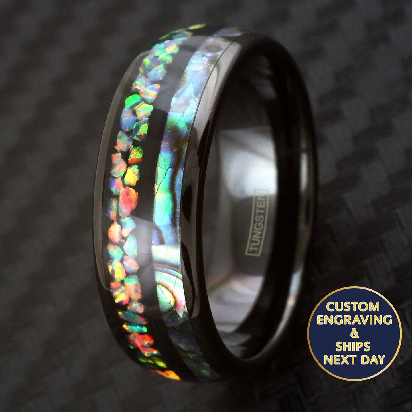 Black Opal Ring with Abalone Inlay, Black Tungsten Ring, The Peacock Ring