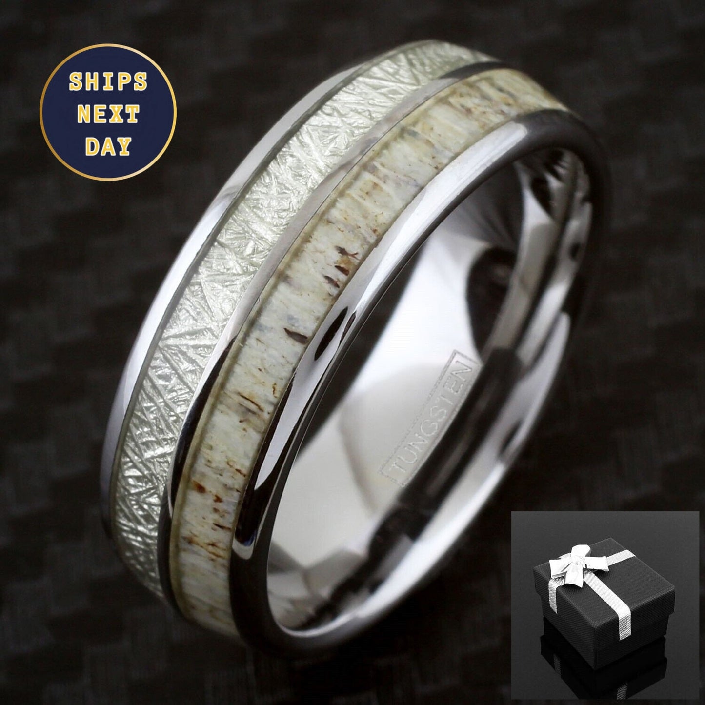 Deer Antler With Meteorite Silver Wedding Band