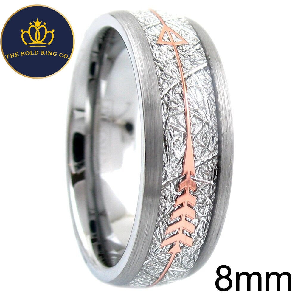 Silver Meteorite Ring with Rose Gold Arrow, Couples Wedding Bands