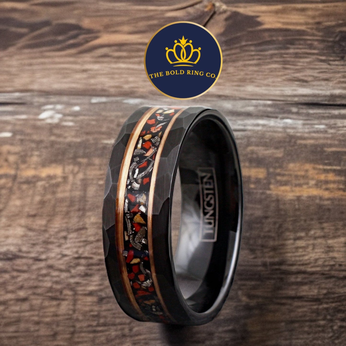 dinosaur bone, meteorite, and rose gold ring