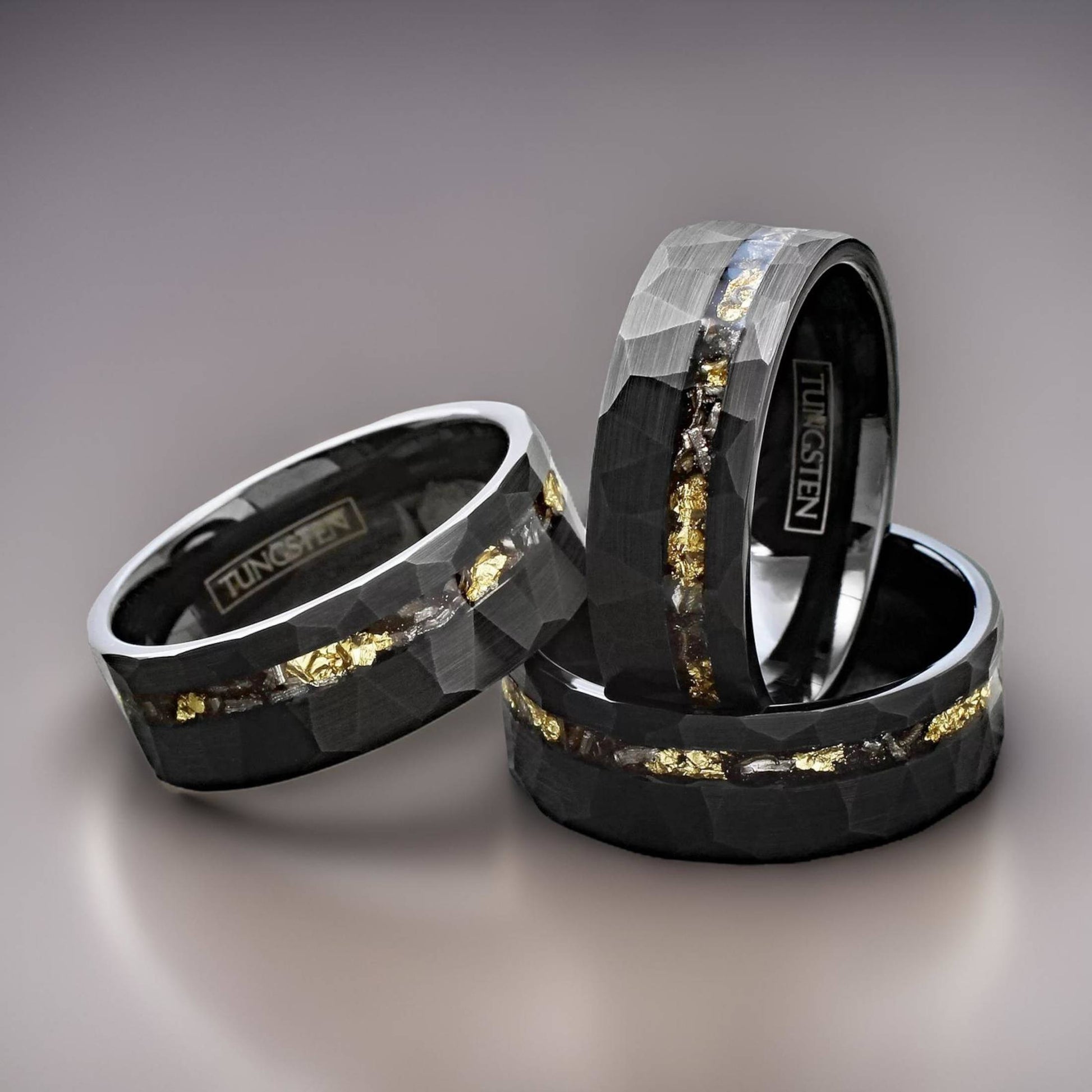 black tungsten ring with 24k gold foil and meteorite inlay