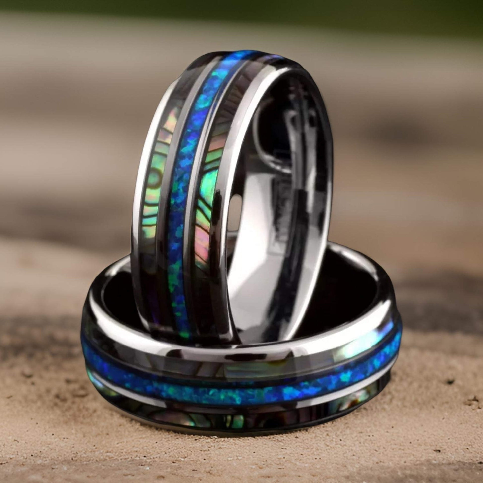 tropical inspired wedding band with blue opal and abalone shell inlay