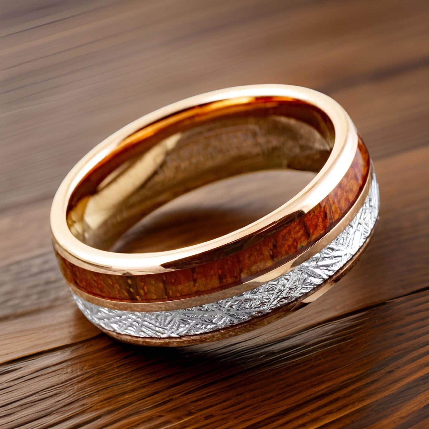 Bourbon Barrel Wood Ring, Meteorite & Rose Gold