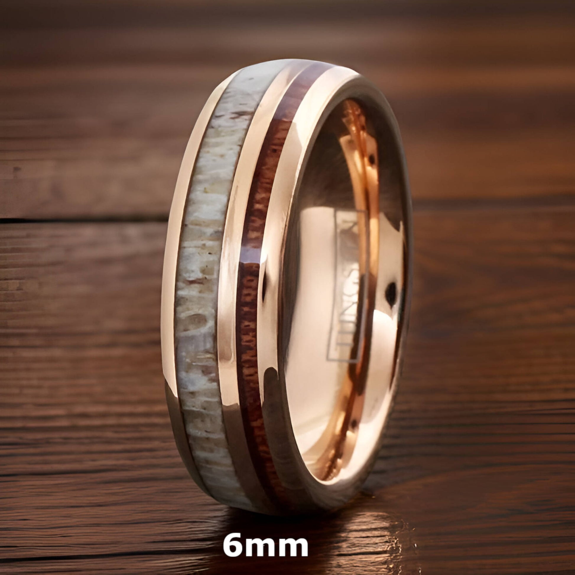 bourbon wood ring with moose antler inlay