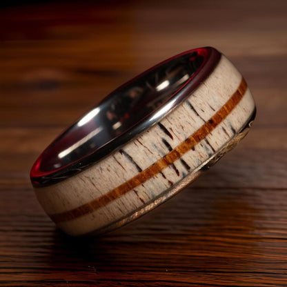 elk antler ring with whisky wood stripe