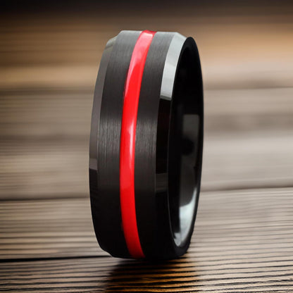 black tungsten ring with red line in center. gift for firefighter and emergency responder