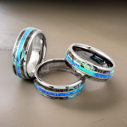 silver tungsten ring with blue Hawaiian opal and abalone shell inlay