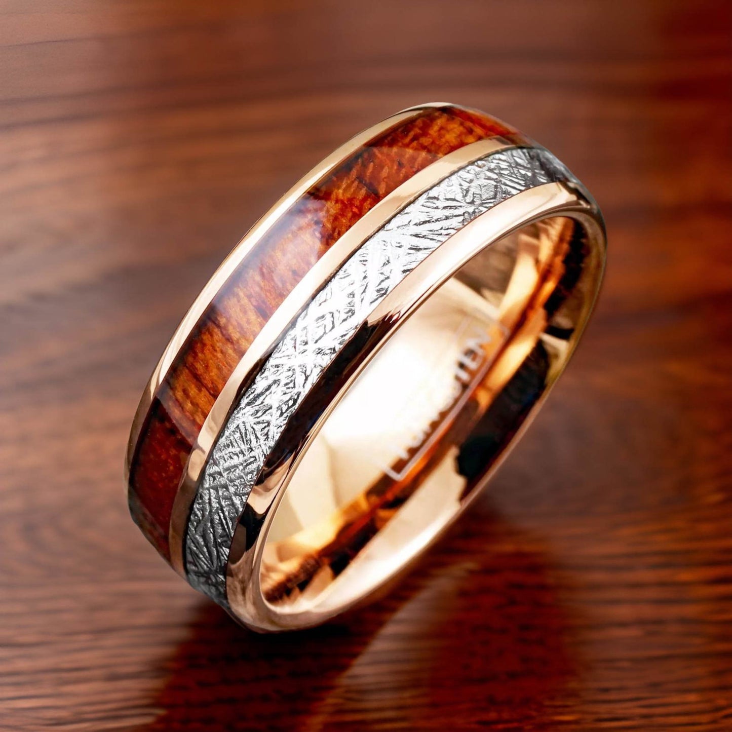 matching couples engagement ring, made with bourbon wood and silver meteorite