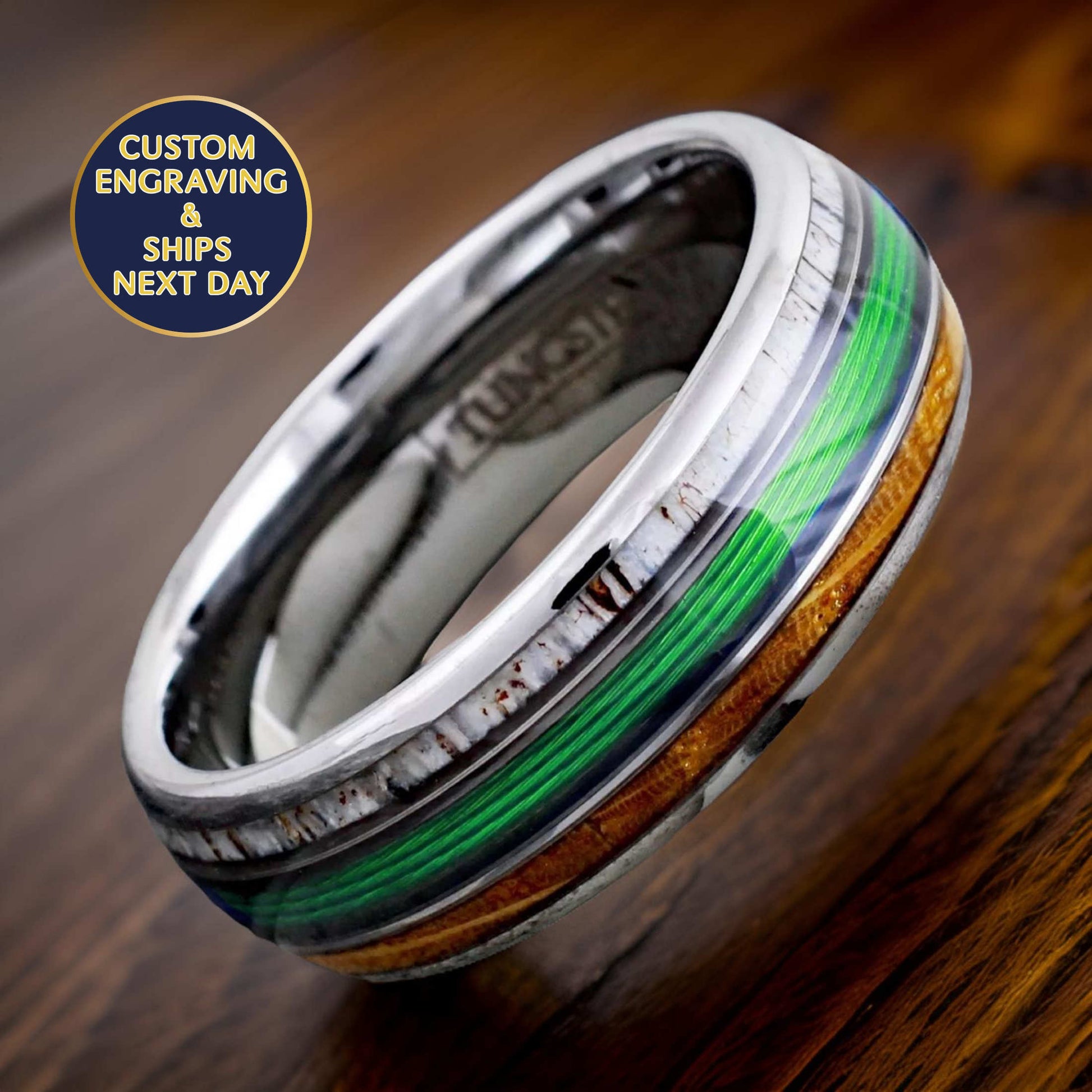 gift for fisherman. tungsten ring with deer antler, fishing wire, and whiskey barrel wood inlay.