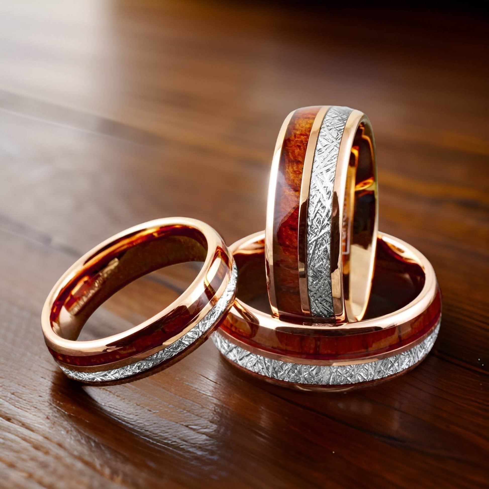 tungsten ring made of smoked whiskey wood and meteorite