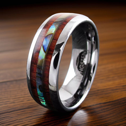 Silver wedding band with Hawaiian Koa wood and abalone.