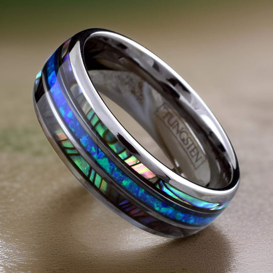 silver ring with abalone and blue opal inlay