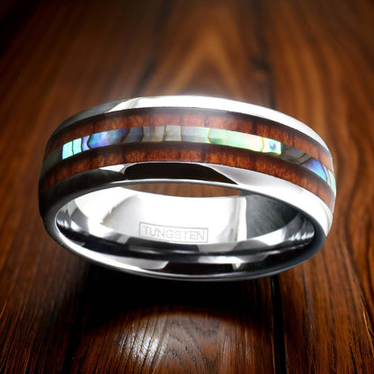 silver tungsten ring with hawaiian koa wood and abalone shell inlay. stunning ring for couples