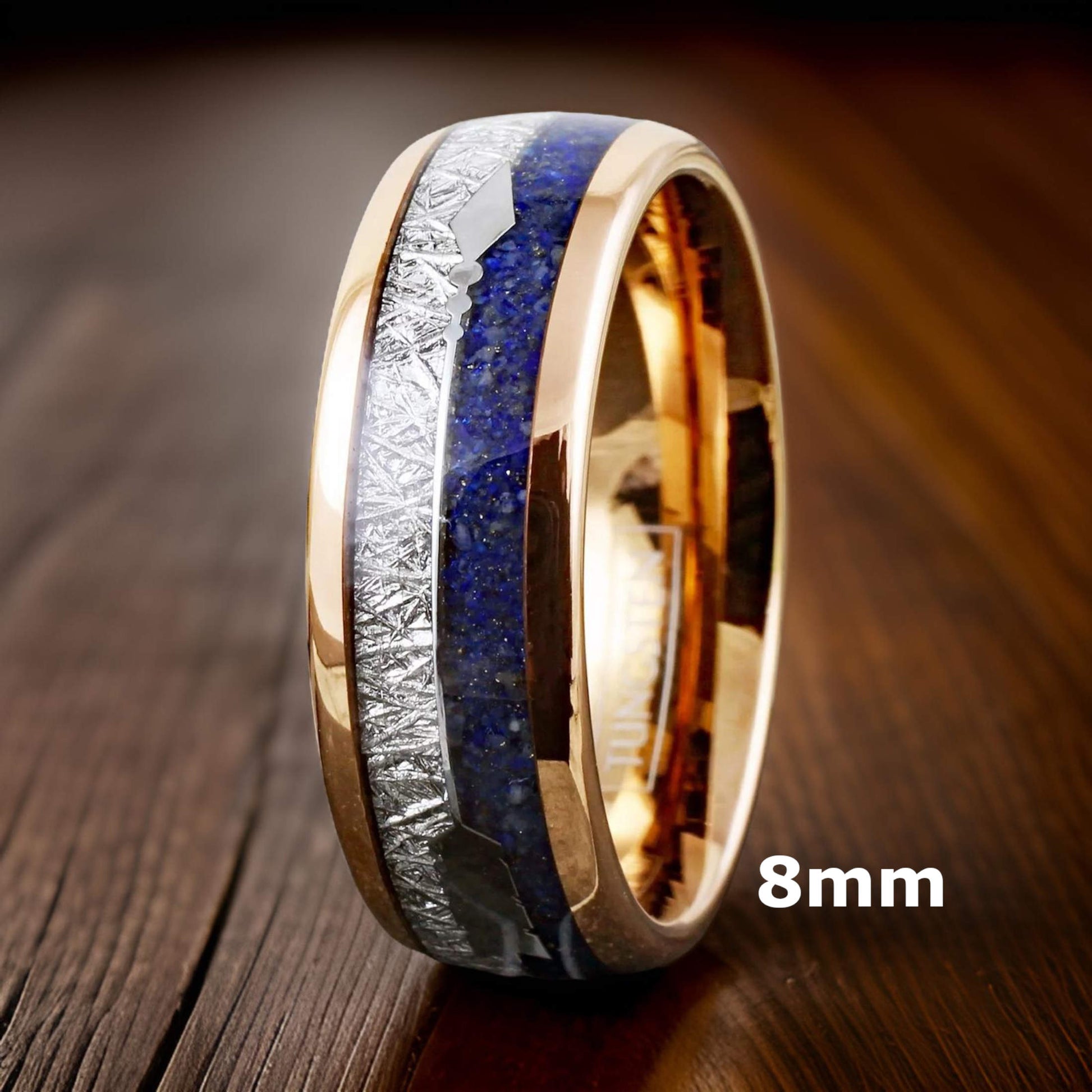 rose gold tungsten ring with meteorite and blue lapis lazuli inlay