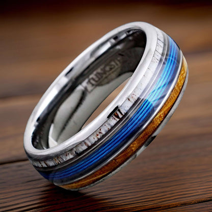 silver-tungsten-ring-with-blue-fishing-line-whiskey-wood-and-deer-antler