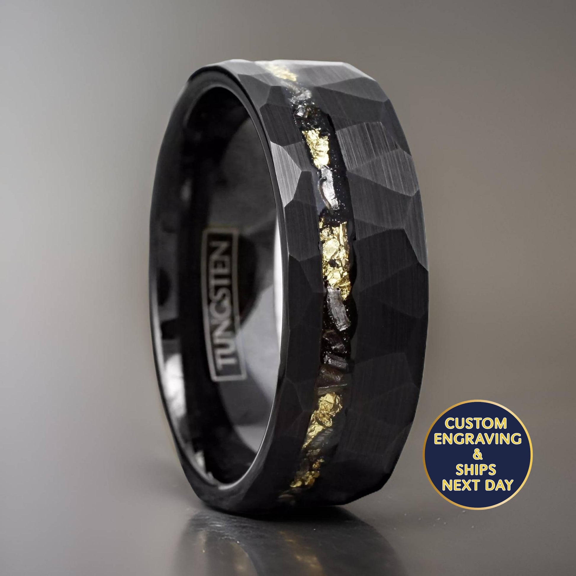 meteorite ring for astronomy enthusiasts made with tungsten, real 
meteorite, and gold.