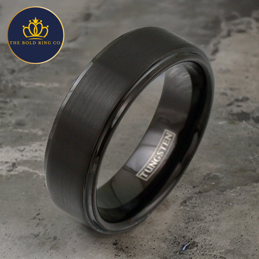 The Modern Gentlemen, Black Engagement Ring, with Striped Edge, Bold Wedding Band