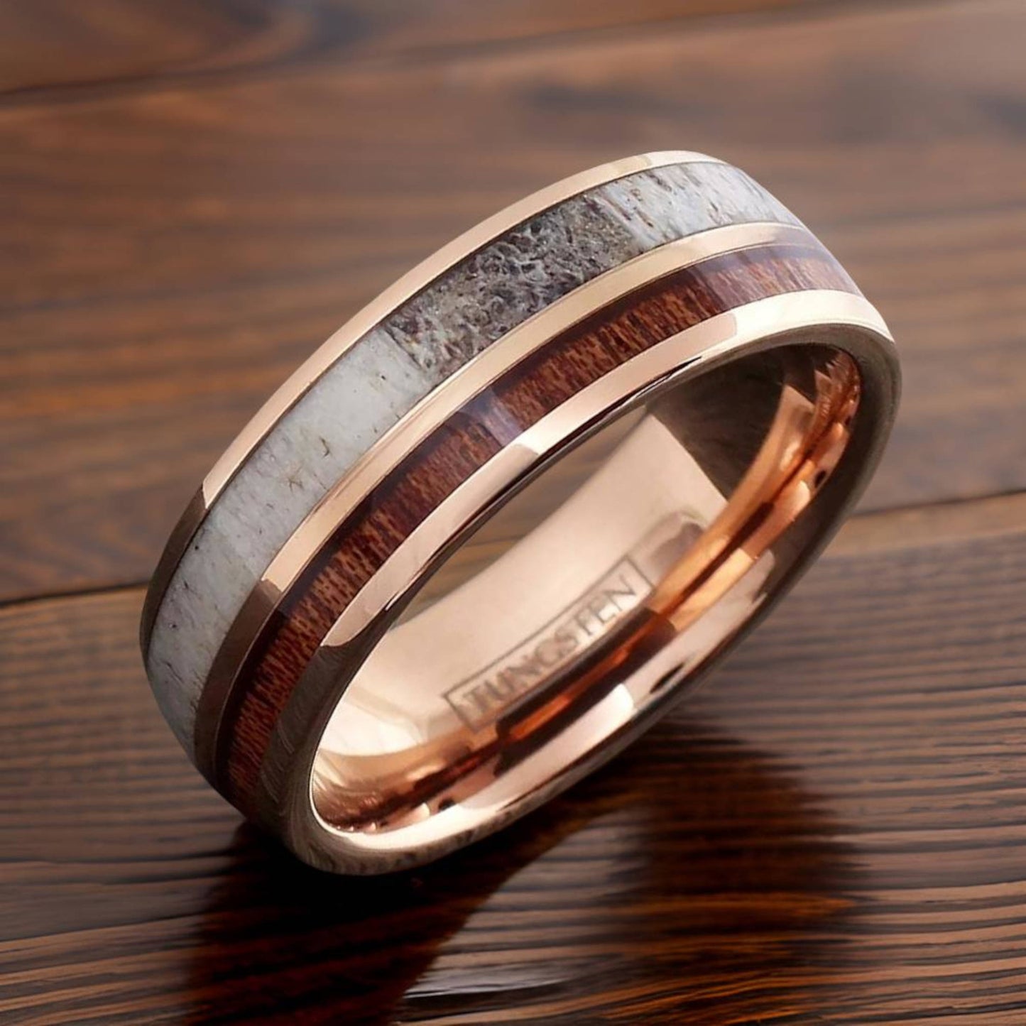 bourbon barrel wood ring made with rose gold and moose antlers